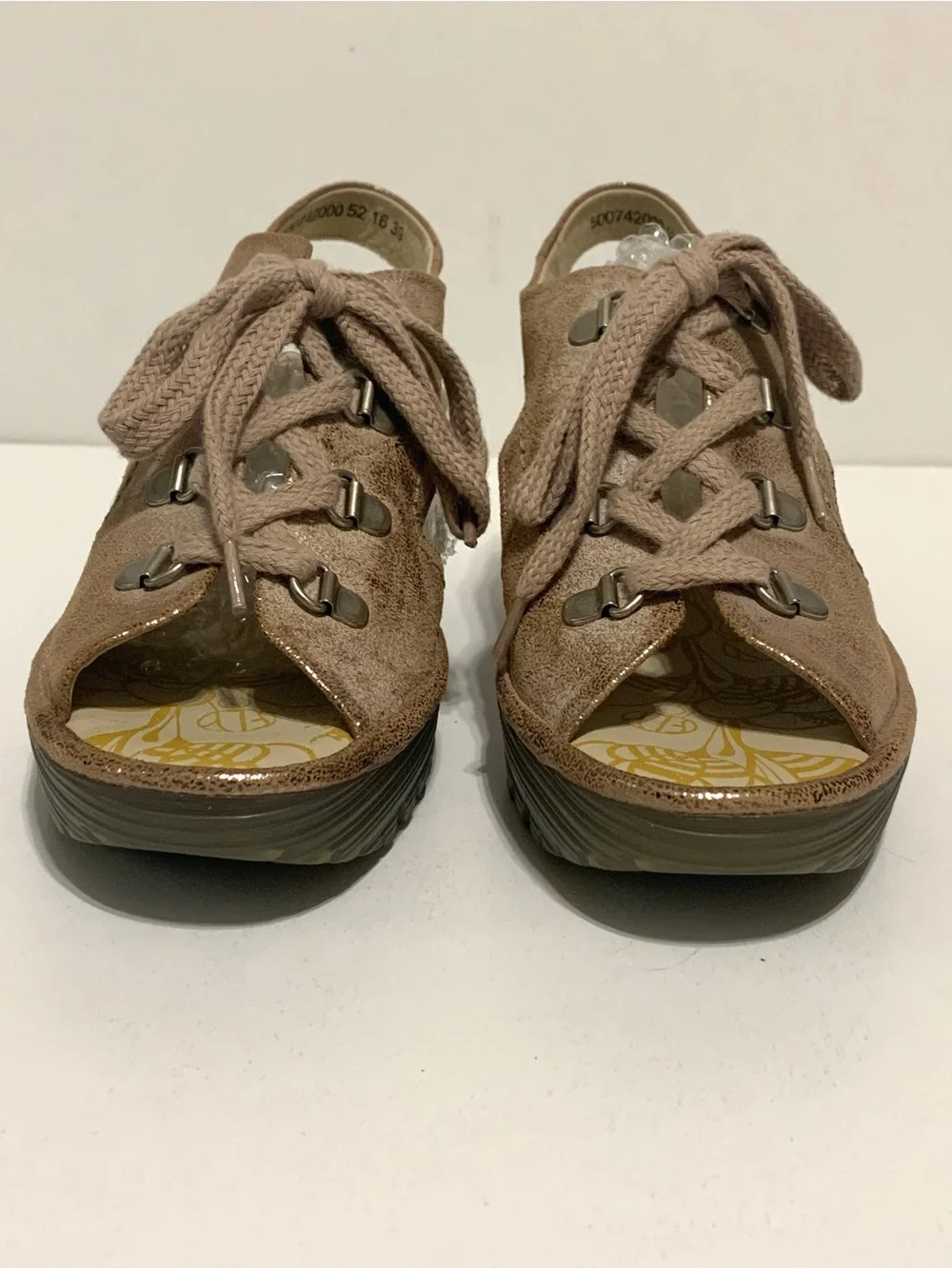 Fly London YlfaWedge Sandals Metallic Leather Brushed Lace Up EU 39‎